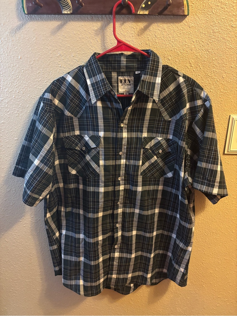 Ely Cattleman Green and White Plaid Short-Sleeve Western Shirt